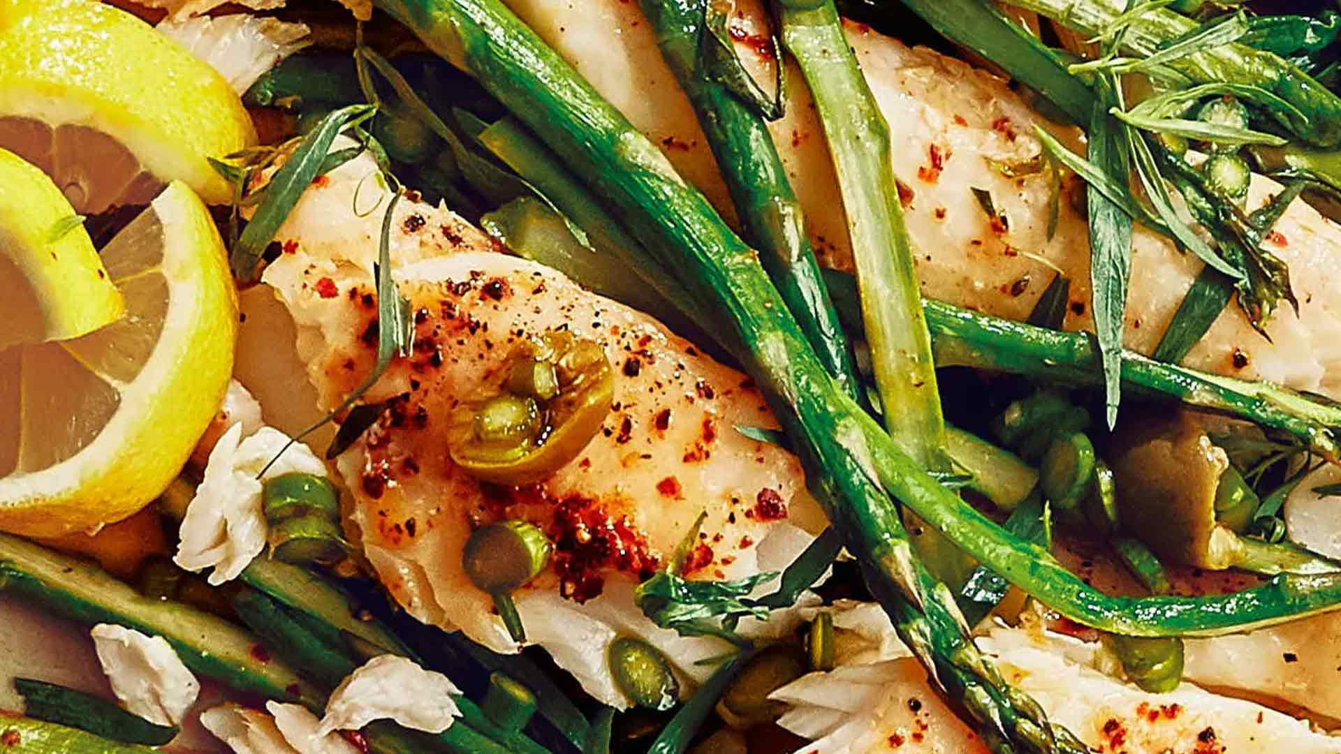 
          
            Butter-Roasted Wild Alaskan Halibut with Asparagus and Olives  – Kohne Family Seafoods
          
        